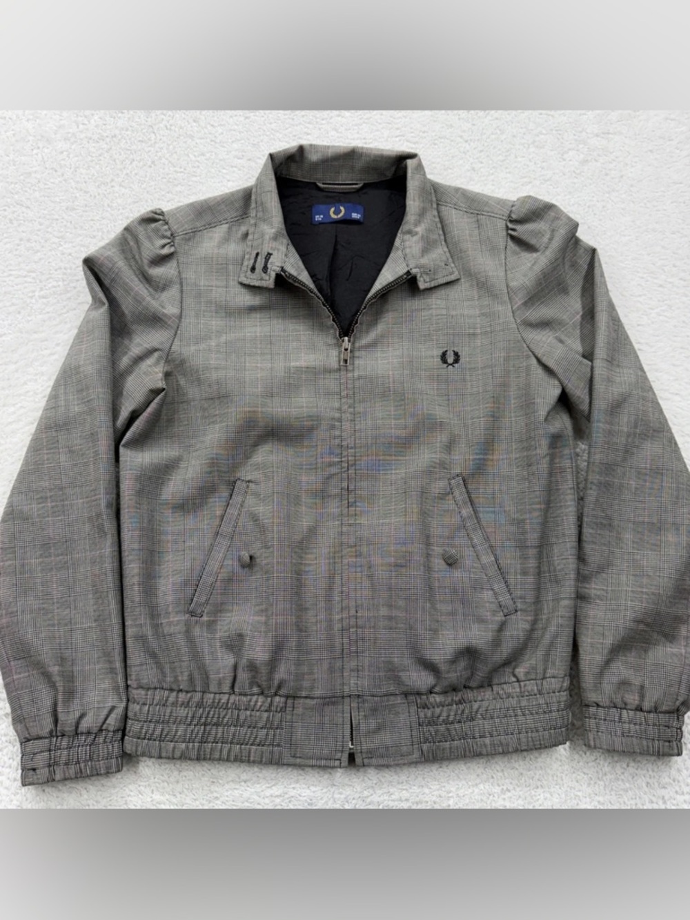 Fred Perry | Womens Grey Glen Check Wool Blend Harrington Jacket
Size US 8